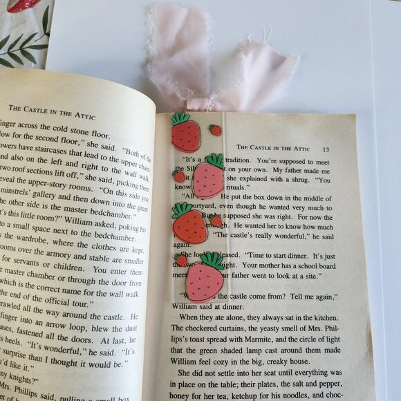 Artsy Strawberries Berry Print Bookmark Ribbon Bow Pink Coquette Bookish Gift - Picture 3 of 9